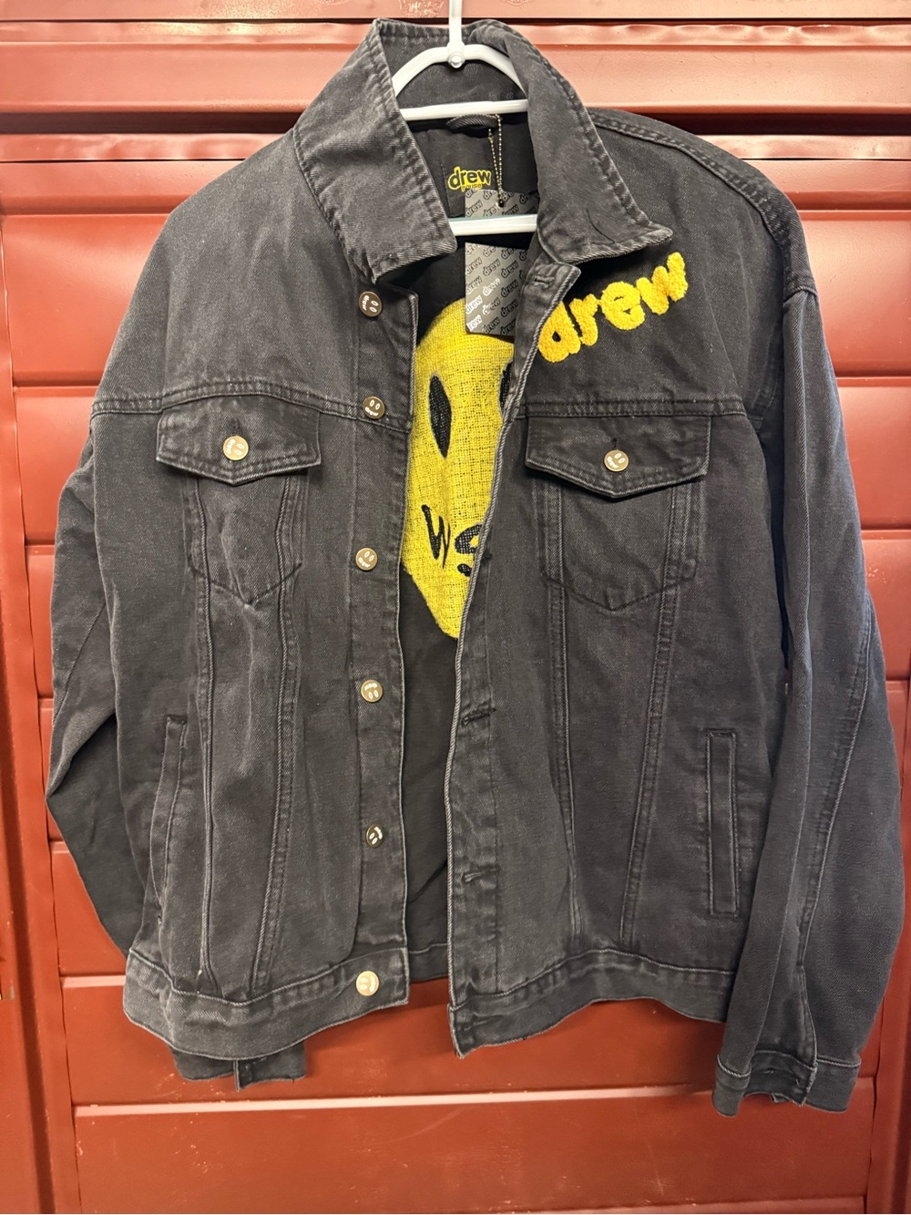 drew house Black Jean Jacket with Yellow Smiley Patch